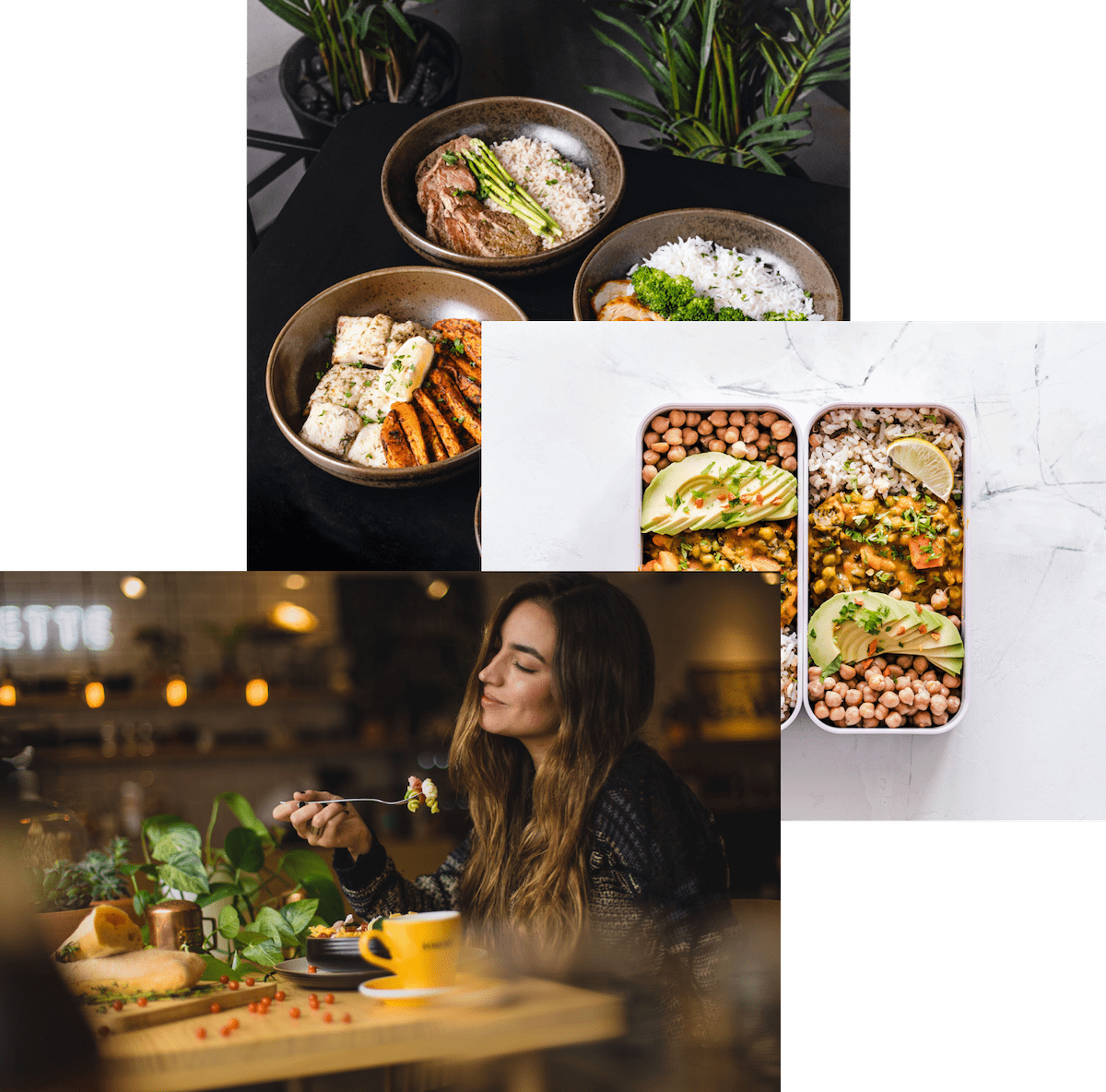 Woman enjoying food, meals in storage container, and food on a table